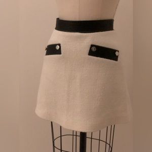 Maje Paris Cream Boucle A-Line Mini Skirt with Black leather detail